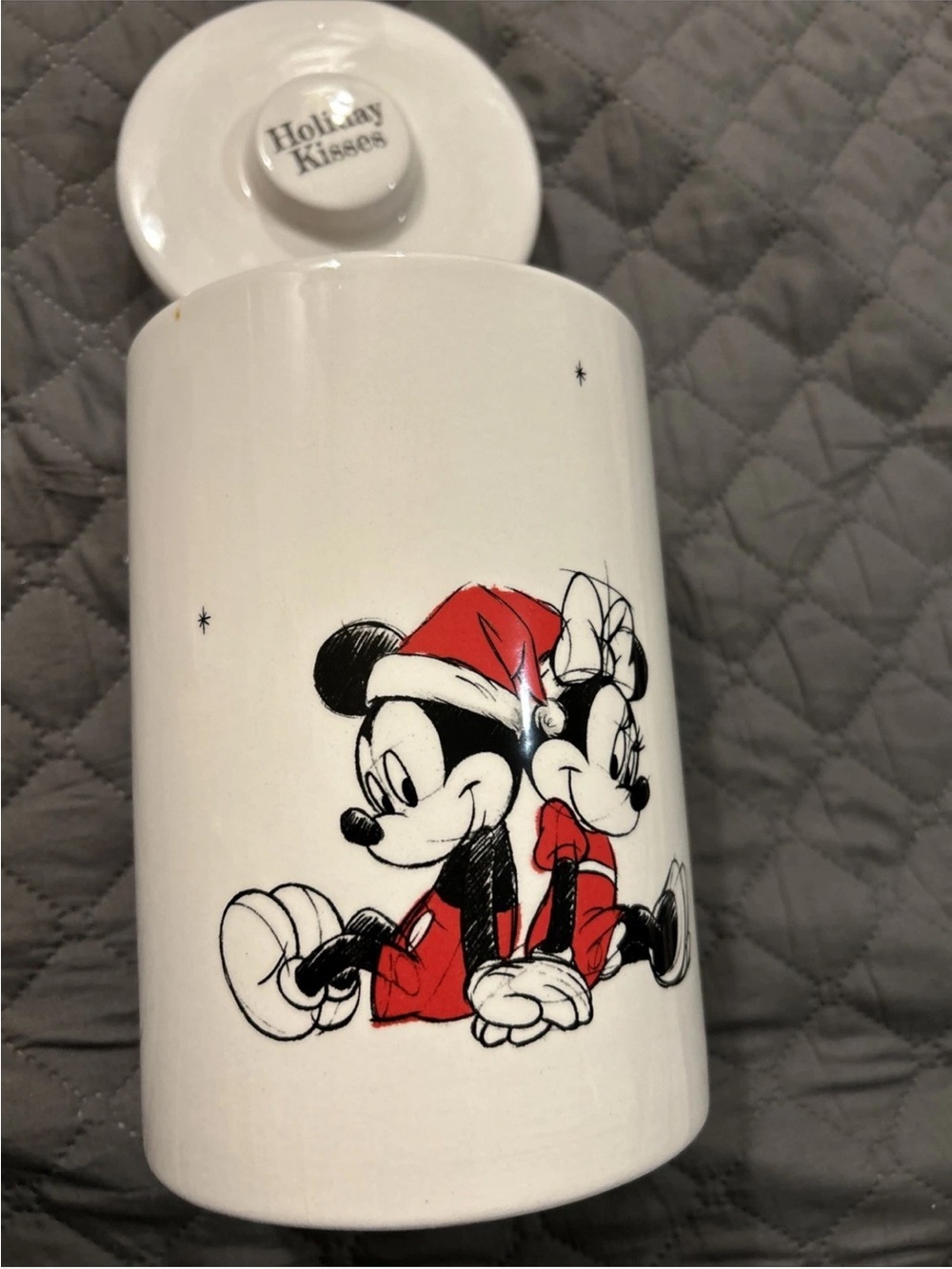 Disney White Ceramic Holiday Kisses Canister with Red Accents